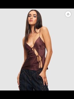 Lioness Mariah Tie front barbiecore  Chocolate Brown Satin Spaghetti-Strap Cami